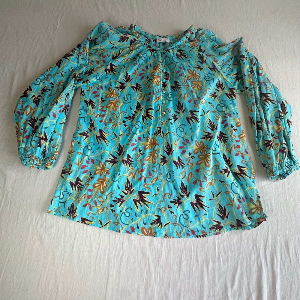 A.L.C. Turquoise Blue Cotton Floral Print Puff Sleeve Blouse Boho Sheer‎ Top 10